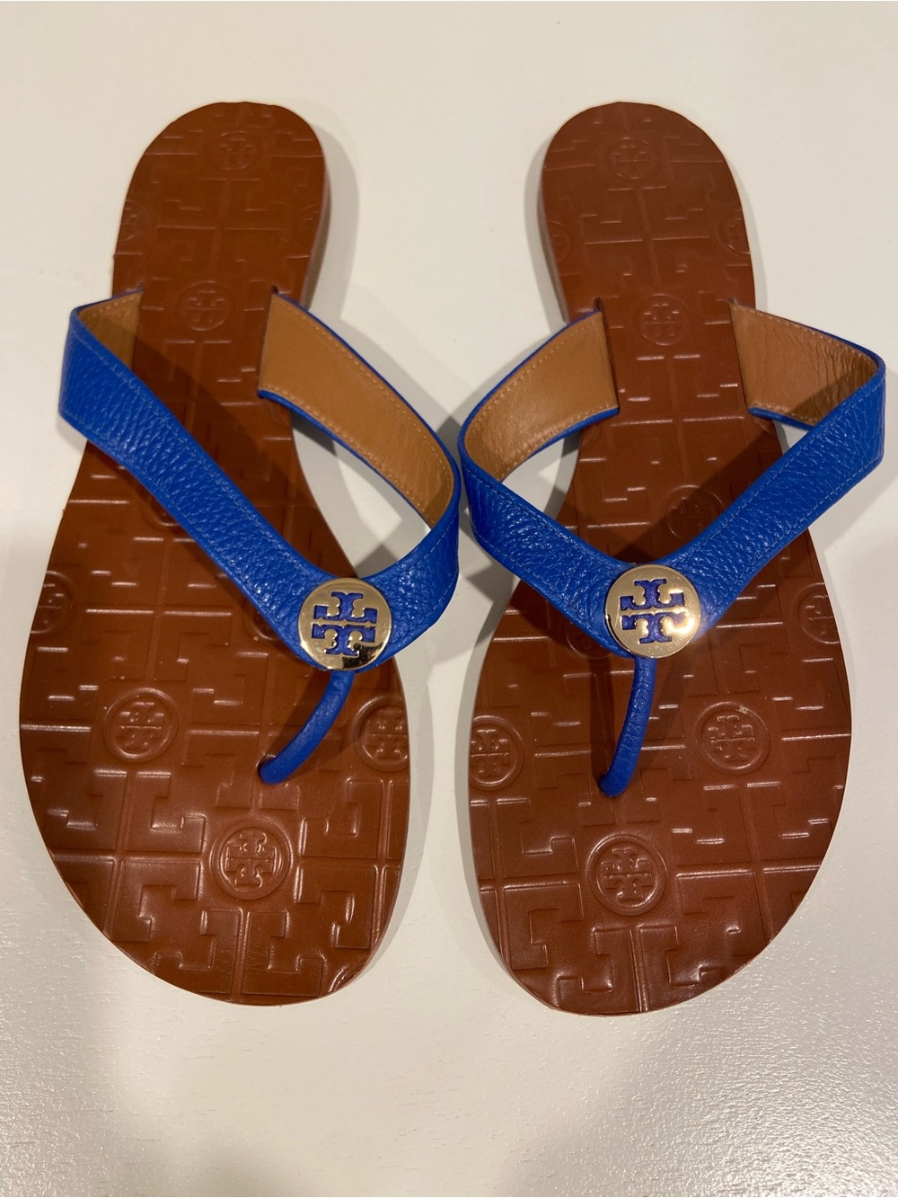 Tory Burch Blue Leather Thong Sandals with Gold Logo